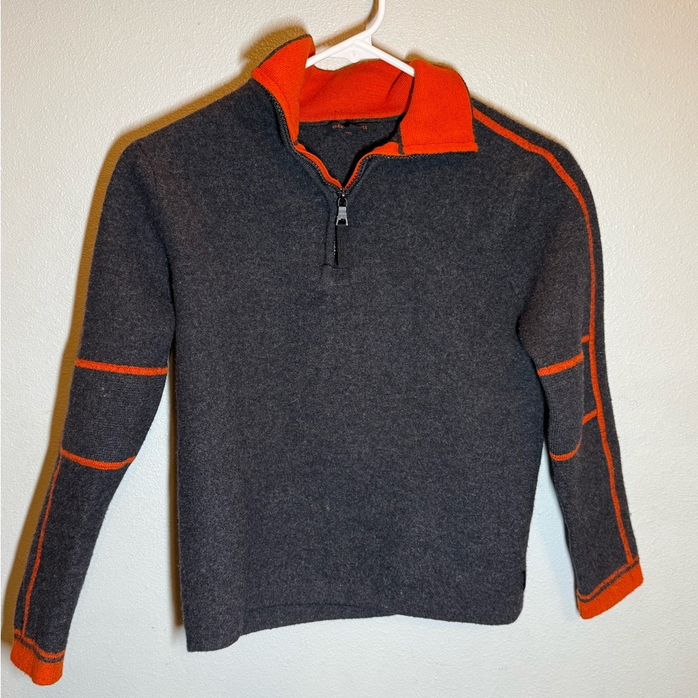 Youth Large Gray and Orange Wool Half-Zip Sweater